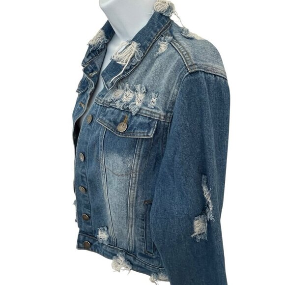 Between Us Womens L Destroyed Denim Trucker Jacket Chain Back Detail Grunge Punk - Picture 5 of 14